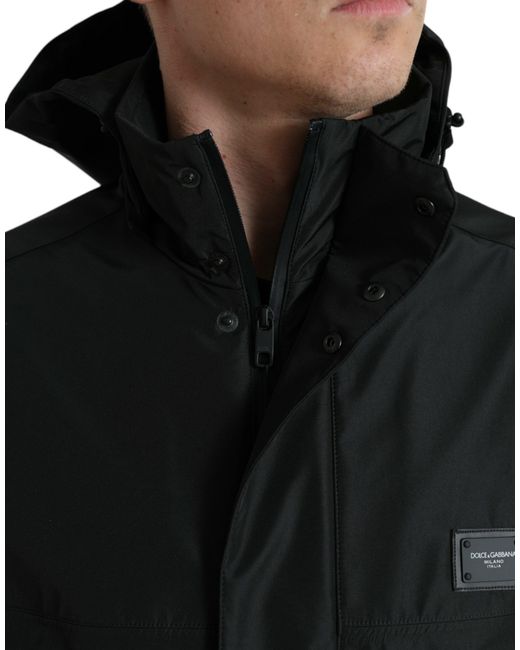Dolce & Gabbana Black Polyester Logo Plaque Hooded Jacket for men