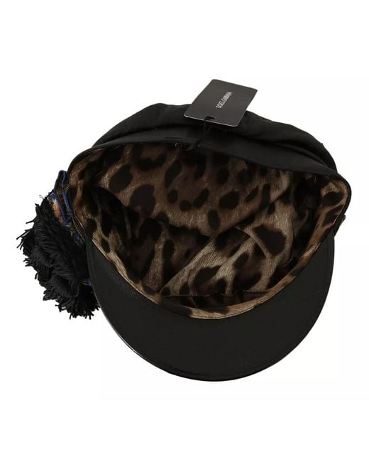 Dolce & Gabbana Black Leather Crystal Beads Gold Ribbon Fiddler Cap