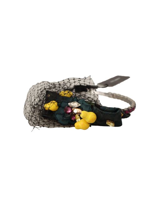 Dolce & Gabbana Silver Tiara Crystals Fruits Black Mesh Diadem Headband Silk