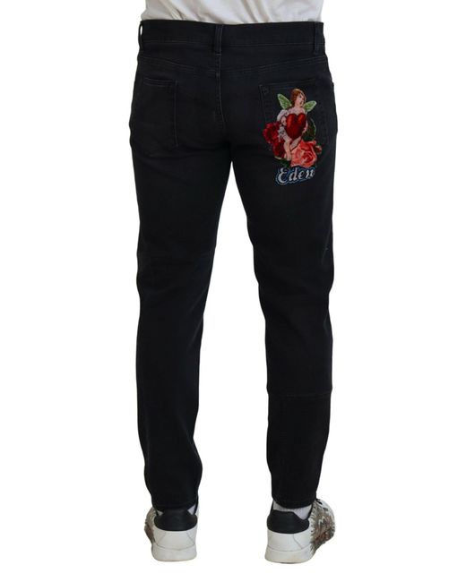 Dolce & Gabbana Black Angel Embroidery Skinny Denim Jeans for men
