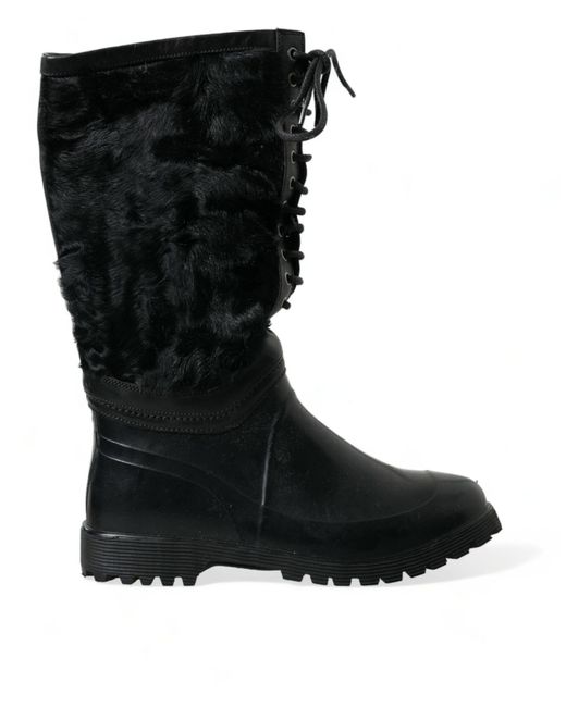 Dolce & Gabbana Black Rubber Lace Up Shearling Rain Boots Shoes for men