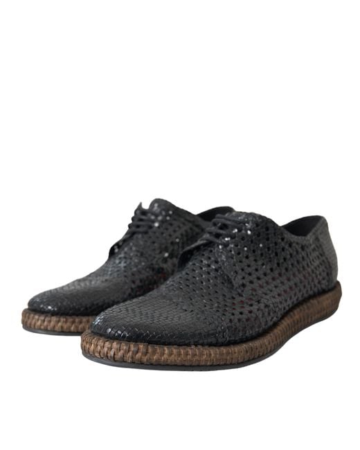 Dolce & Gabbana Black Woven Goat Leather Lace Up Derby Shoes for men