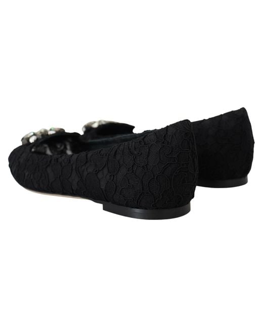 Dolce & Gabbana Black Taormina Lace Crystals Flats Shoes