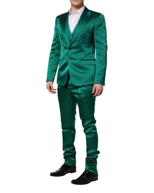 Dolce & Gabbana Green Silk 3 Piece Single Breasted Suit for men