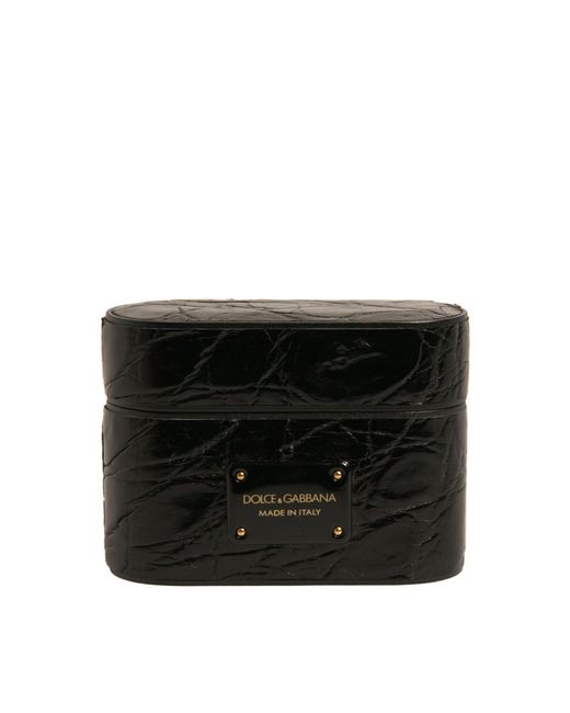 Dolce & Gabbana Black Leather Metal Logo Plaque Holder Airpods Case for men