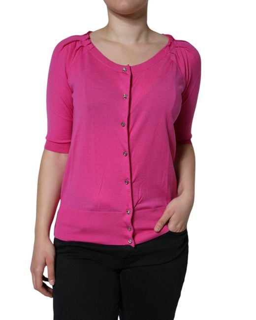 Dolce & Gabbana Pink Wool Button Down Short Sleeve Blouse Top
