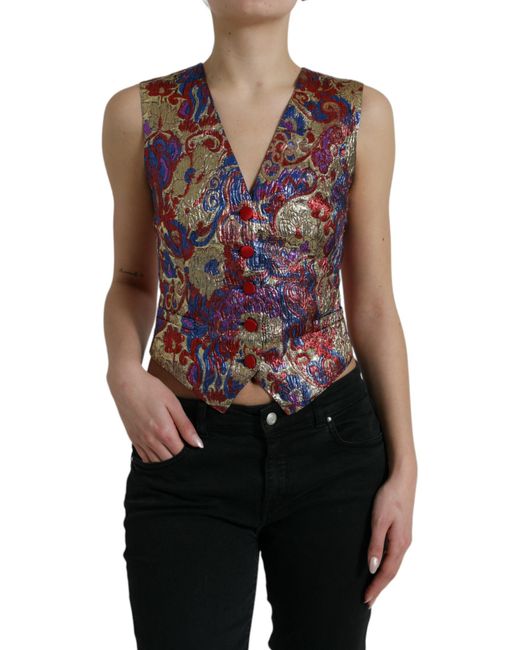 Dolce & Gabbana Red Floral Brocade Vest Sleeveless Vneck