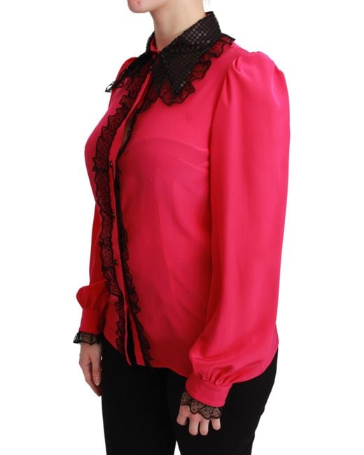 Dolce & Gabbana Red Pink Silk Black Sequin Lace Shirt Blouse