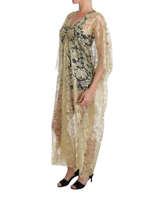 Dolce & Gabbana Natural Floral Lace Crystal Gown Cape Dress