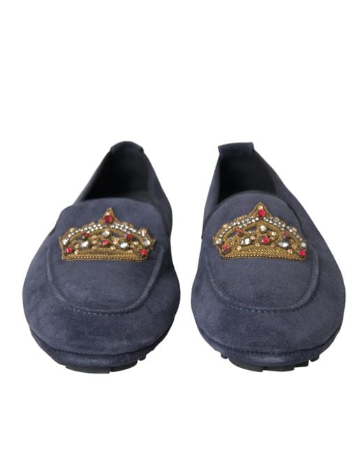 Dolce & Gabbana Blue Leather Suede Crystal Crown Loafers Shoes for men