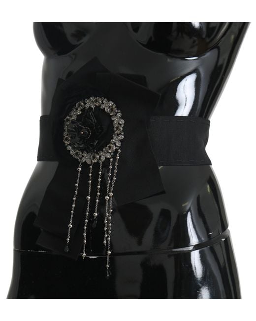 Dolce & Gabbana Black Crystal Brooch Wide Wai Satoria Belt Cotton Acetate