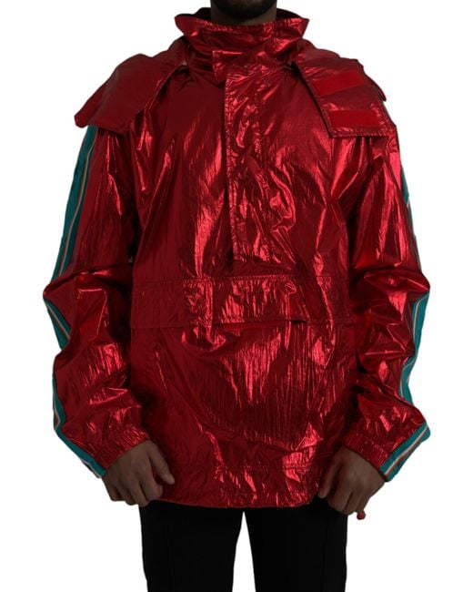 Dolce & Gabbana Red Nylon Hooded Pullover Anorak Jacket for men