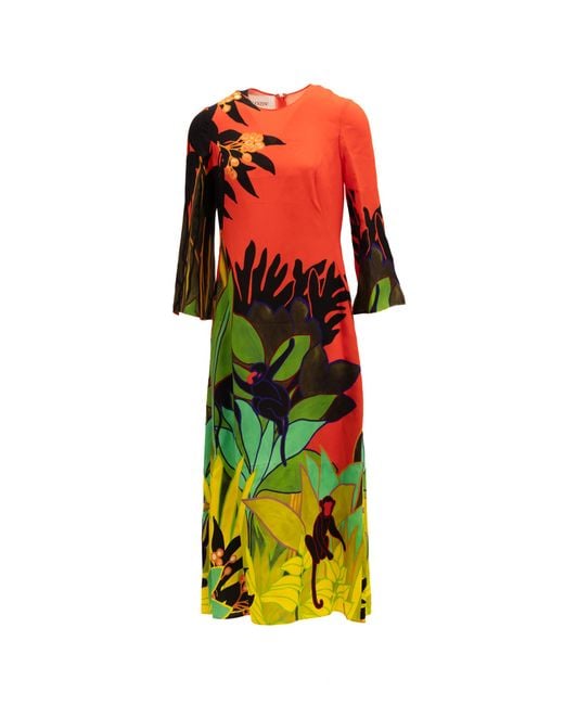 Valentino Garavani Red Tropical Print Long Sleeve Midi Dress