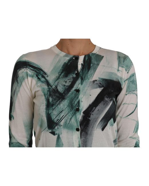 Dolce & Gabbana Gray White Silk Cardigan Lightweight Paint Stroke Sweater