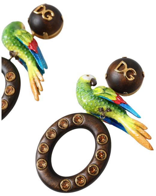 Dolce & Gabbana Multicolor Parrot Wood Brass Crystal Embellished Earrings