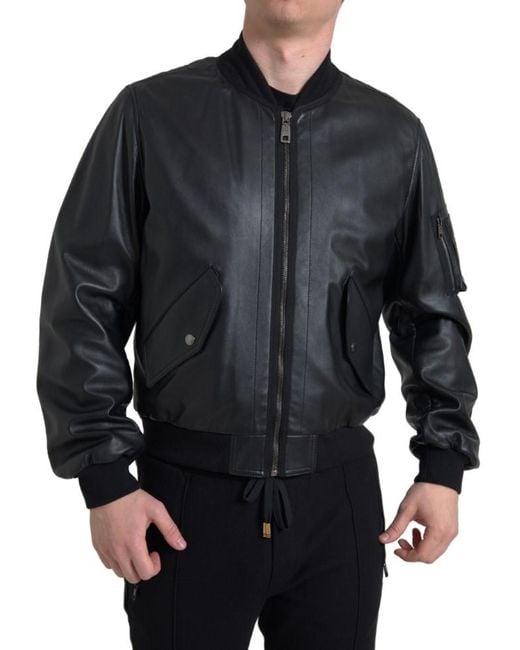 Dolce & Gabbana Black Leather Blouson Full Zip Bomber Jacket for men