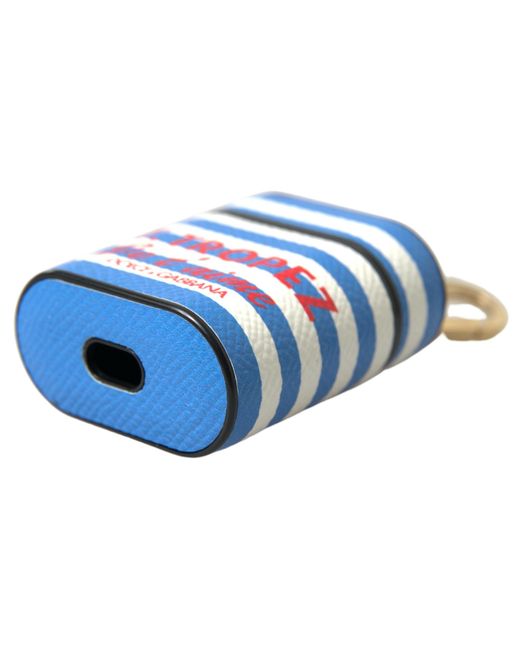 Dolce & Gabbana Blue Stripe Dauphine Leather Logo Print Airpod Case Accessory