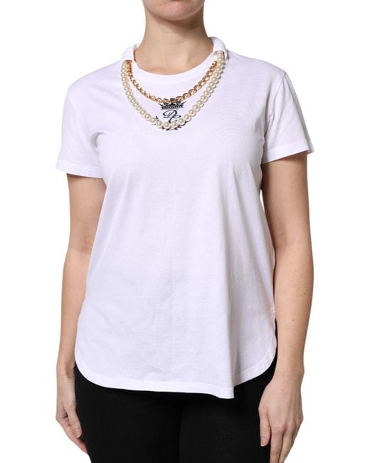 Dolce & Gabbana White Chain Pearl Cotton Round Neck T-Shirt