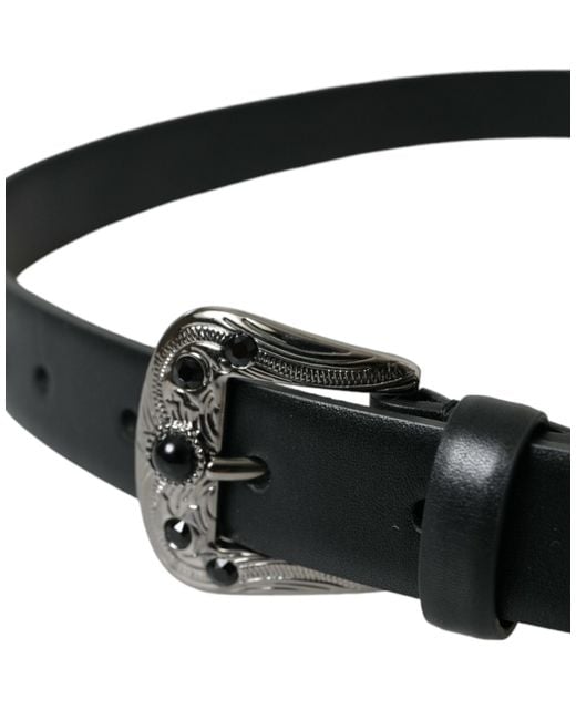 Dolce & Gabbana Black Embellished Leather Engraved Buckle Belt