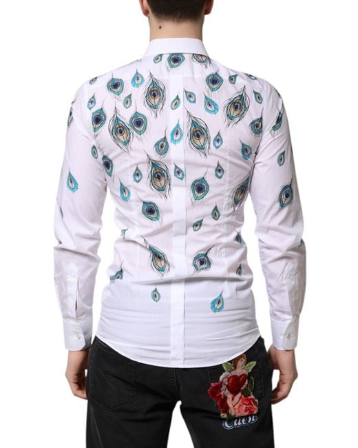Dolce & Gabbana White Cotton Feather Print Dress Shirt for men