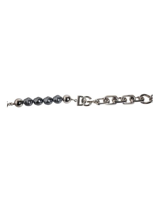 Dolce & Gabbana White Tone Chain Lobster Clasp Logo Pearls Bracelet-Tone Metal for men