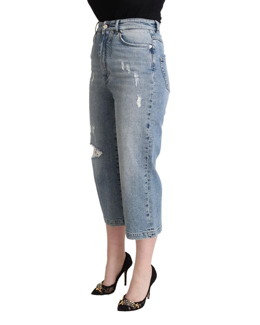 Dolce & Gabbana Black Tattered Cotton Denim Capri Cropped Jeans Elastane Clothing