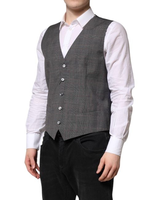 Dolce & Gabbana Gray Plaid Wool Formal Dress Waistcoat Vest for men