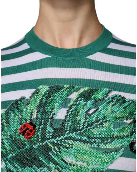 Dolce & Gabbana Green Stripe Leaf Crew Neck T-Shirt