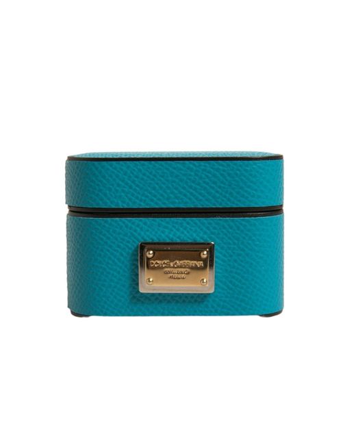 Dolce & Gabbana Blue Leather Metal Logo Plaque Holder Airpods Case