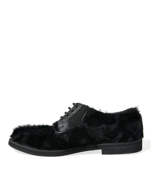 Dolce & Gabbana Black Fur Leather Lace Up Derby Dress Shoes for men
