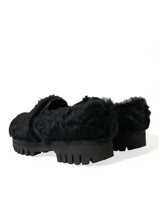 Dolce & Gabbana Black Fur Leather Slippers Dress Shoes for men