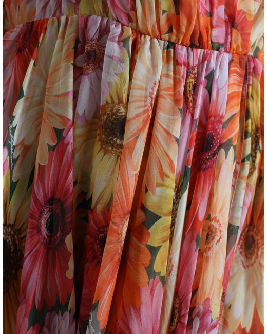 Dolce & Gabbana Red Sunflower Print Silk Midi Dress