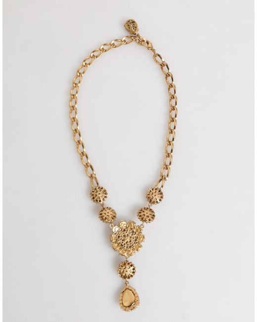Dolce & Gabbana White Brass Crystal Pearl Floral Pendant Jewelry Necklace