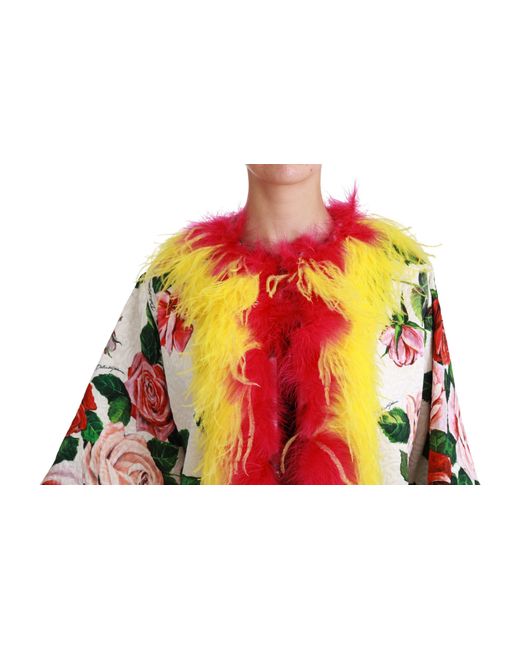 Dolce & Gabbana White Floral Coat Capte Fur Roses Jacket
