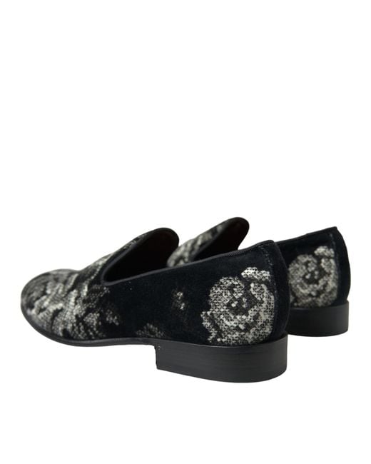 Dolce & Gabbana Black Floral Slippers Loafers Dress Shoes for men