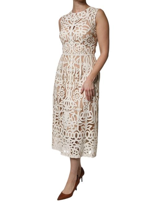Dolce & Gabbana Natural Floral Lace Midi Dress Laser Cut Style