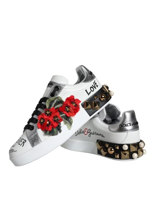 Dolce & Gabbana Black Leather Floral Studded Sneakers Shoes