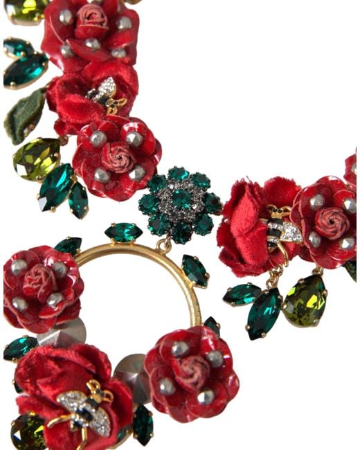 Dolce & Gabbana Red Brass Link Chain Rosepetal Crystal Pendant Necklace
