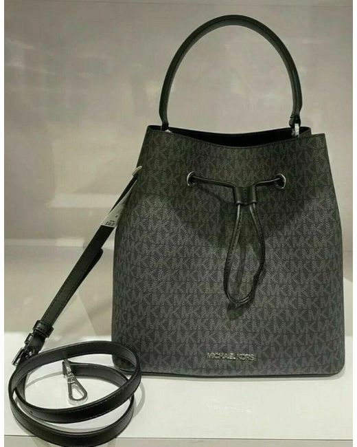 Michael Kors Leather Suri Mk Signature Black Pvc Large Bucket Crossbody