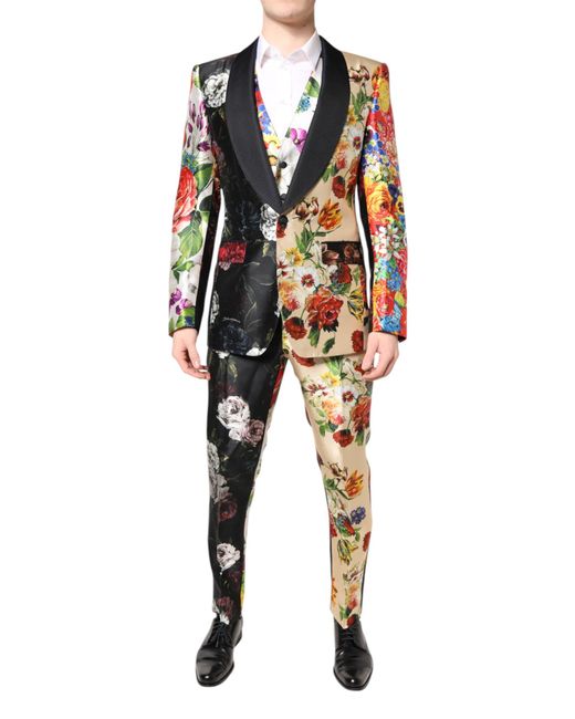 Dolce & Gabbana Black Floral Sicilia Silk 3 Piece Suit for men