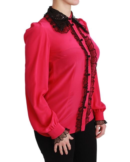 Dolce & Gabbana Red Pink Silk Black Sequin Lace Shirt Blouse