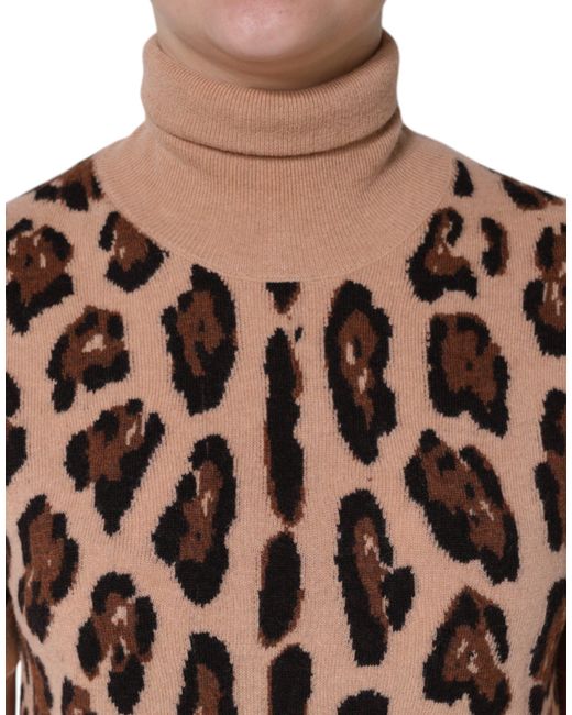 Dolce & Gabbana Natural Leopard Print Wool Turtleneck Top