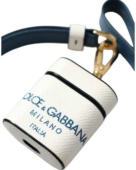 Dolce & Gabbana Blue Calf Leather Logo Print Strap Airpods Case