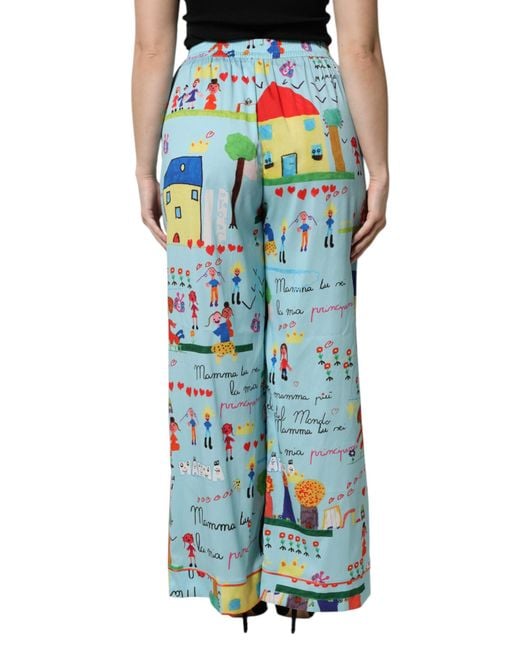 Dolce & Gabbana Blue Drawing Mid Waist Wide Leg Pants