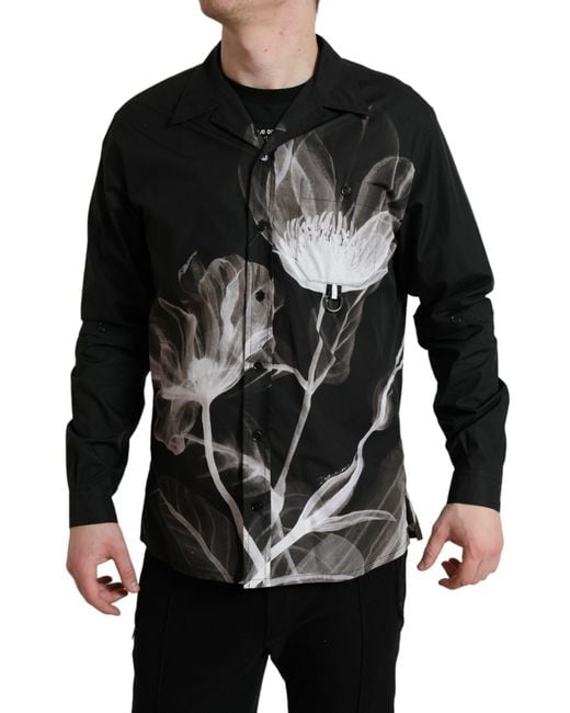 Dolce & Gabbana Black Floral Cotton Collared Long Sleeves Shirt for men