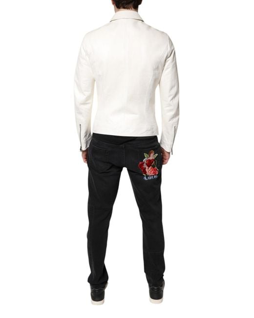 Dolce & Gabbana White Collared Full Zip Biker Coat Jacket for men