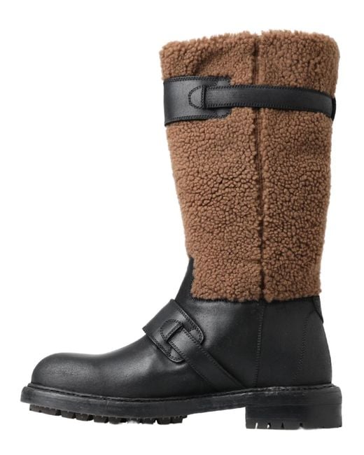 Dolce & Gabbana Black Leather Shearling Boots Elastane for men