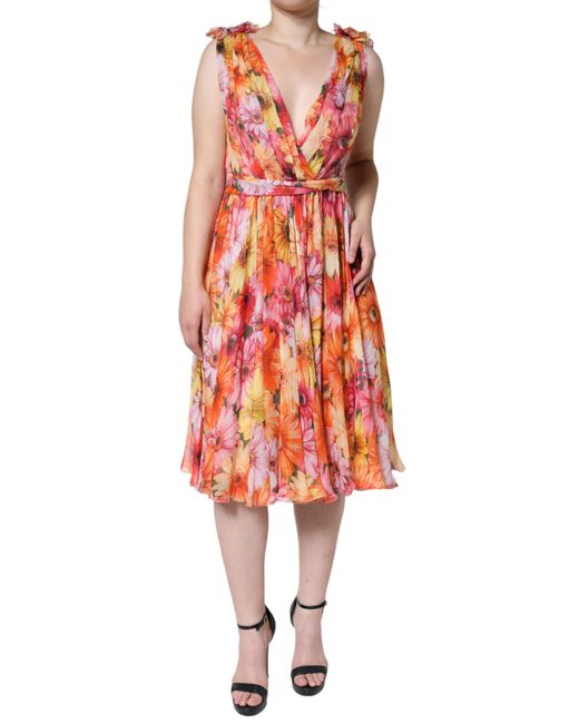 Dolce & Gabbana Red Floral Sleeveless V-Neck Midi Dress