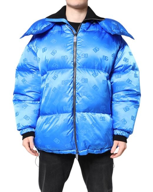 Dolce & Gabbana Blue Puffer Jacket Allover Logo Print for men