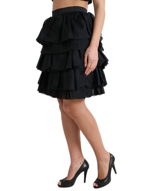 Dolce & Gabbana Black Tiered Aline High Waist Silk Mini Skirt